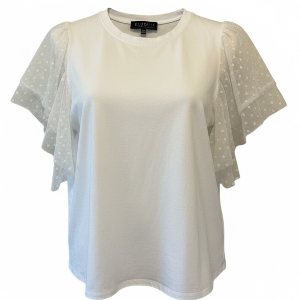 Eloquii White T-Shirt with Tulle Polka Dot Sleeves